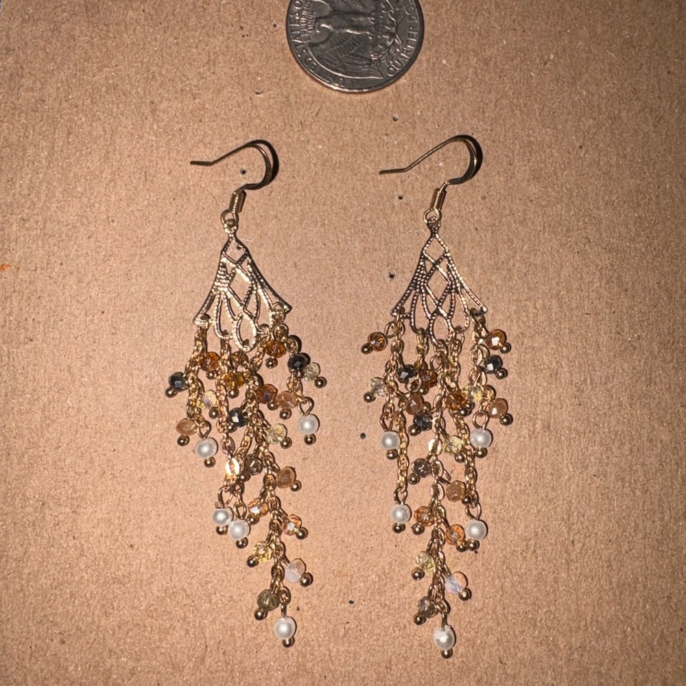 Gold Dangle Beaded Statement Earrings with Pearls